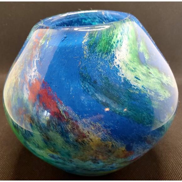 Crate & Barrel Blue Green Multicolored Abstract Vase With Red Motiff. Art Glass - Picture 2 of 6